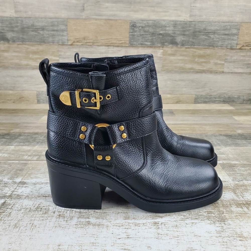 Vince Camuto Bipdi Moto Womens Booties Sz 9 M Black Side Zip & Buckle Block Heel